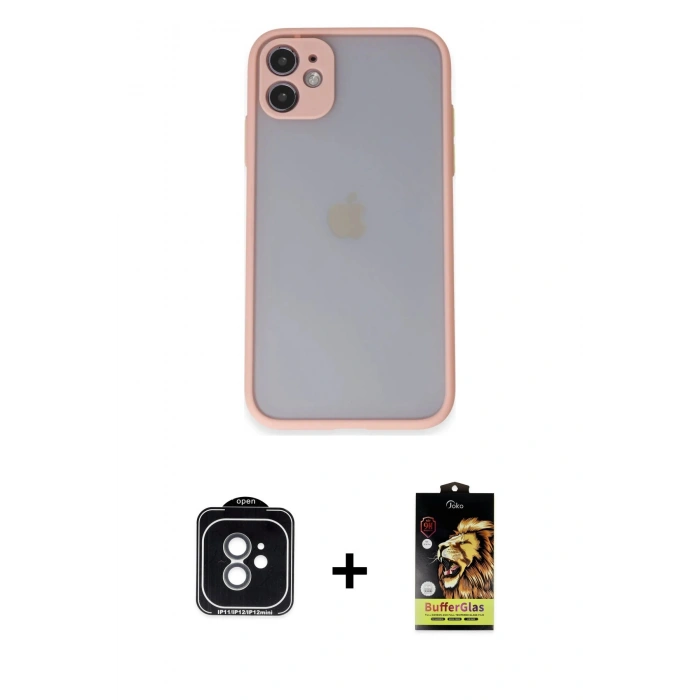 MARSİLYAN™- iPhone 11 Kılıf Ahenk Çizgi Serisi - Siyah Buffer Cam Ekran Koruyucu + PVD Metal Kamera Lens - YL