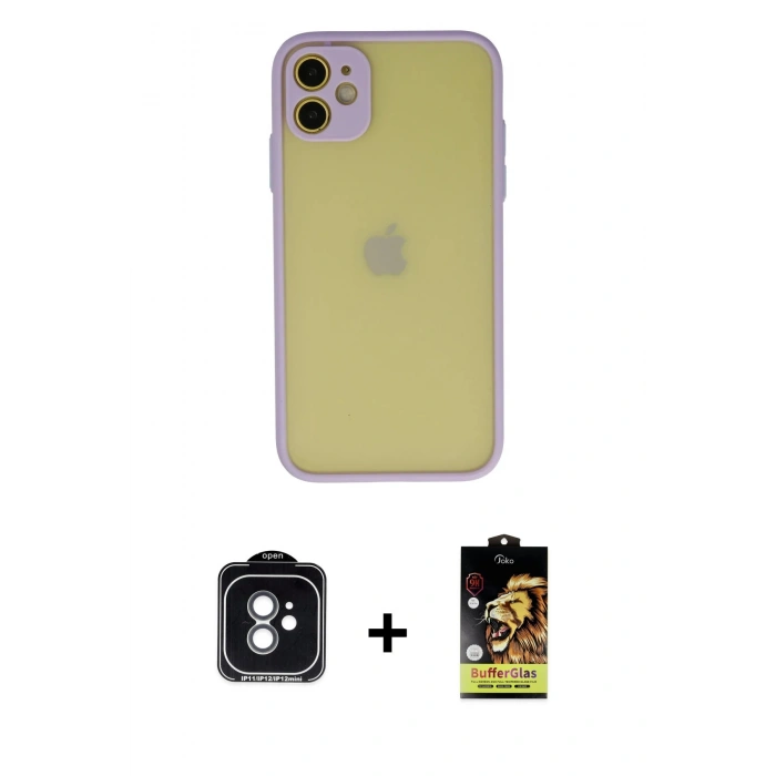 MARSİLYAN™- iPhone 11 Kılıf Ahenk Çizgi Serisi - Siyah Buffer Cam Ekran Koruyucu + PVD Metal Kamera Lens - YL