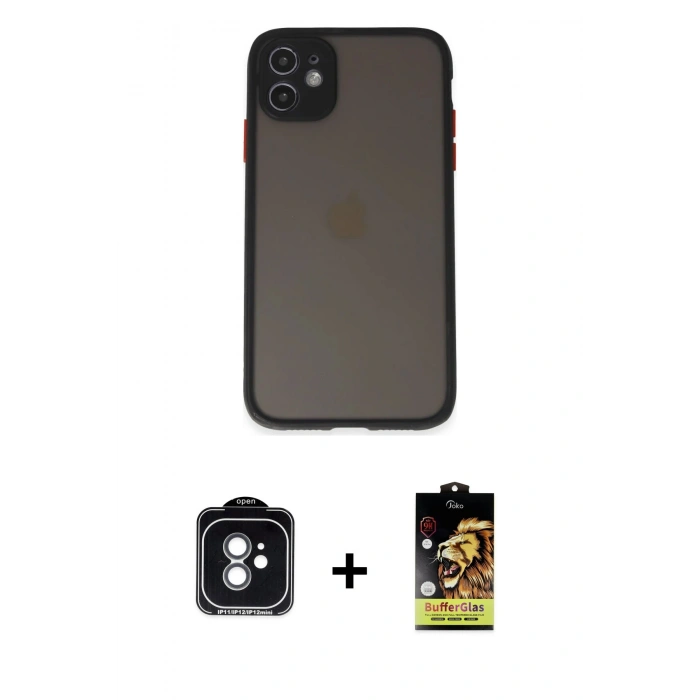 MARSİLYAN™- iPhone 11 Kılıf Ahenk Çizgi Serisi - Siyah Buffer Cam Ekran Koruyucu + PVD Metal Kamera Lens - YL