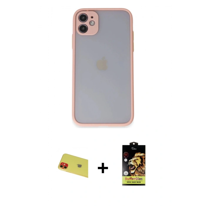 MARSİLYAN™- iPhone 11 Kılıf Ahenk Çizgi Serisi - Siyah Buffer Cam Ekran Koruyucu + Rainbow Kamera Lens Koruma Cam - KI