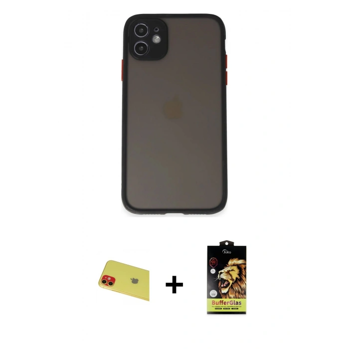 MARSİLYAN™- iPhone 11 Kılıf Ahenk Çizgi Serisi - Siyah Buffer Cam Ekran Koruyucu + Rainbow Kamera Lens Koruma Cam - KI