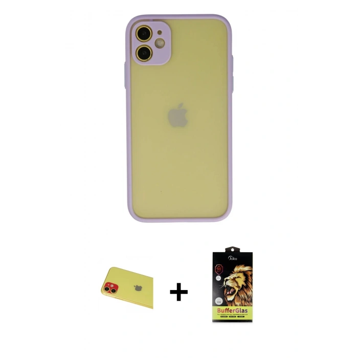 MARSİLYAN™- iPhone 11 Kılıf Ahenk Çizgi Serisi - Siyah Buffer Cam Ekran Koruyucu + Rainbow Kamera Lens Koruma Cam - KI