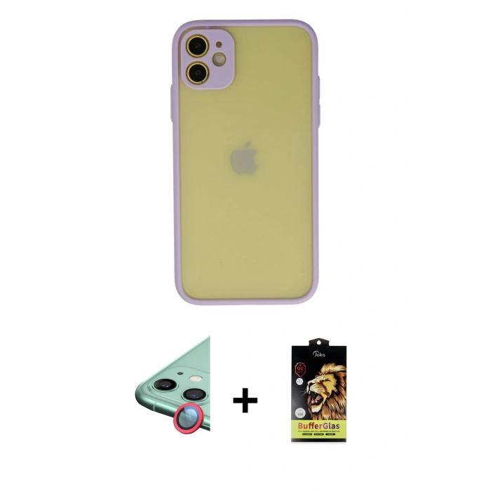 MARSİLYAN™- iPhone 11 Kılıf Ahenk Çizgi Serisi - Siyah Buffer Cam Ekran Koruyucu + Raze Metal Kamera Lens - KI