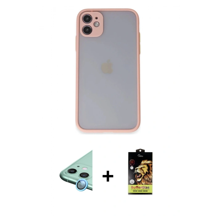 MARSİLYAN™- iPhone 11 Kılıf Ahenk Çizgi Serisi - Siyah Buffer Cam Ekran Koruyucu + Raze Metal Kamera Lens - MI