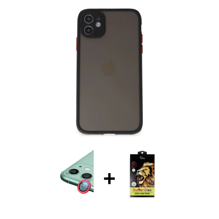 MARSİLYAN™- iPhone 11 Kılıf Ahenk Çizgi Serisi - Siyah Buffer Cam Ekran Koruyucu + Raze Metal Kamera Lens - KI