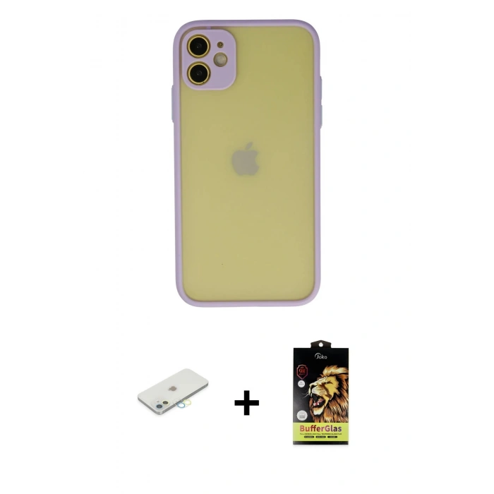 MARSİLYAN™- iPhone 11 Kılıf Ahenk Çizgi Serisi - Siyah Buffer Cam Ekran Koruyucu + Sarı Renkli Kamera Lens Koruma Cam