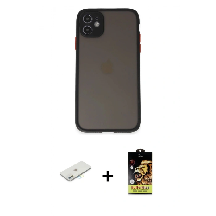 MARSİLYAN™- iPhone 11 Kılıf Ahenk Çizgi Serisi - Siyah Buffer Cam Ekran Koruyucu + Renkli Kamera Lens Koruma Cam - SI