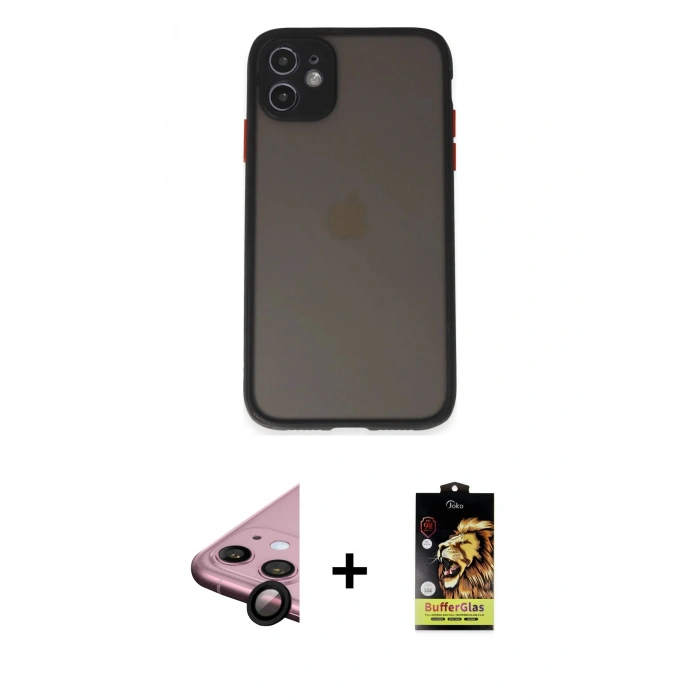 MARSİLYAN™- iPhone 11 Kılıf Ahenk Çizgi Serisi - Siyah Buffer Cam Ekran Koruyucu + Raze Metal Kamera Lens - SH