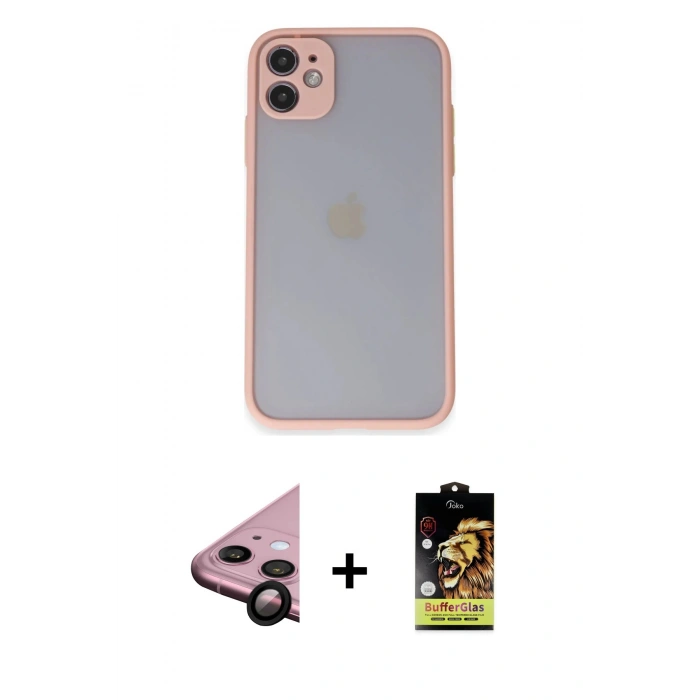 MARSİLYAN™- iPhone 11 Kılıf Ahenk Çizgi Serisi - Siyah Buffer Cam Ekran Koruyucu + Raze Metal Kamera Lens - SH