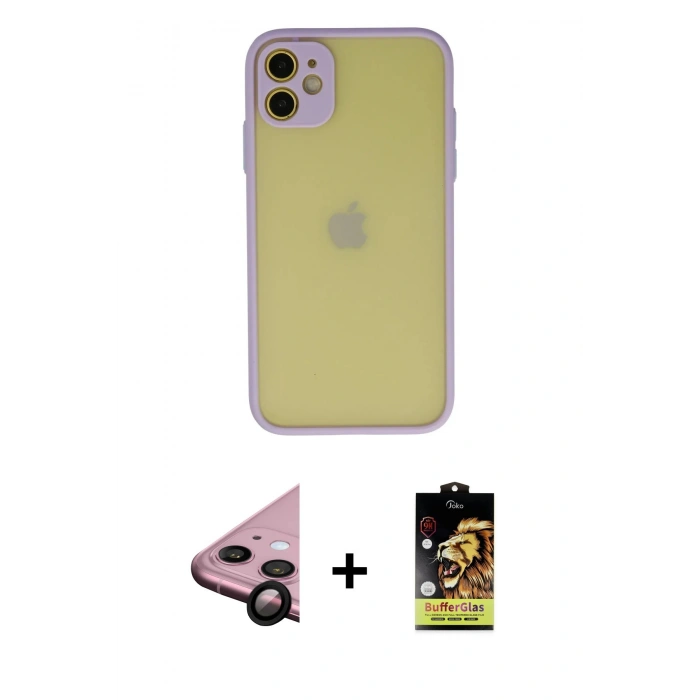MARSİLYAN™- iPhone 11 Kılıf Ahenk Çizgi Serisi - Siyah Buffer Cam Ekran Koruyucu + Raze Metal Kamera Lens - SH