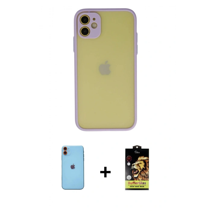 MARSİLYAN™- iPhone 11 Kılıf Ahenk Çizgi Serisi - Siyah Buffer Cam Ekran Koruyucu + Turuncu Neon Fosforlu Kamera Lens
