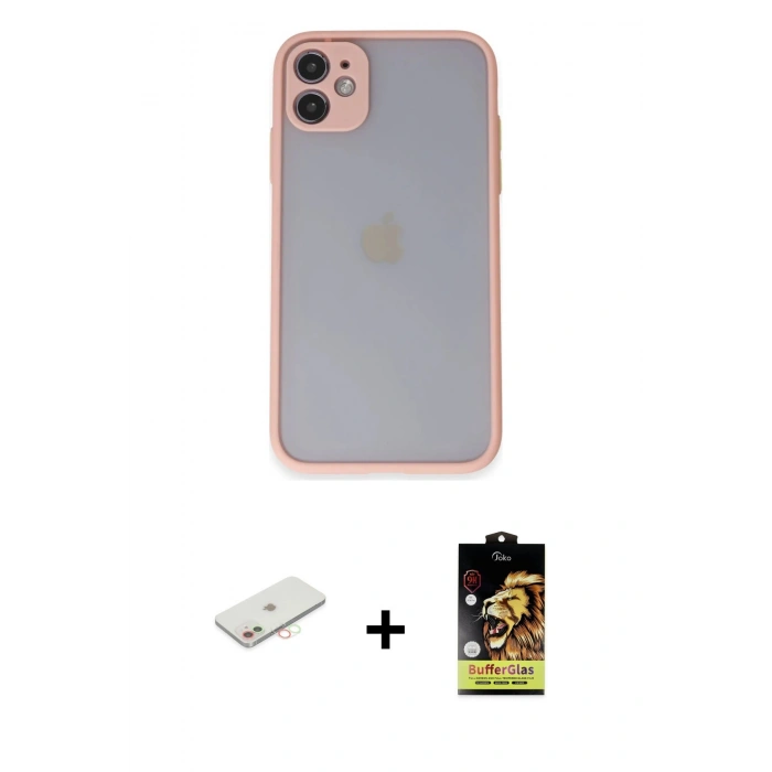 MARSİLYAN™- iPhone 11 Kılıf Ahenk Çizgi Serisi - Siyah Buffer Cam Ekran Koruyucu + Renkli Kamera Lens Koruma Cam - YL