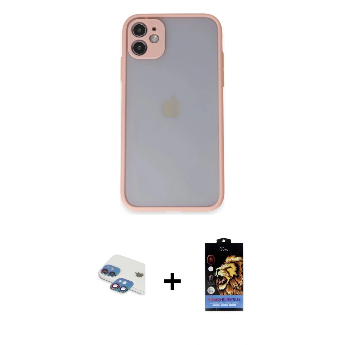 MARSİLYAN™- iPhone 11 Kılıf Ahenk Çizgi Serisi - Siyah Buffer Hayalet Cam Ekran Koruyucu + Gökkuşağı Pers Alüminyum Kamera Lens