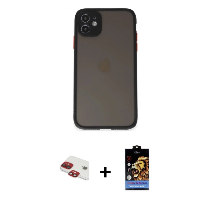 MARSİLYAN™- iPhone 11 Kılıf Ahenk Çizgi Serisi - Siyah Buffer Hayalet Cam Ekran Koruyucu + Pers Alüminyum Kamera Lens - KI