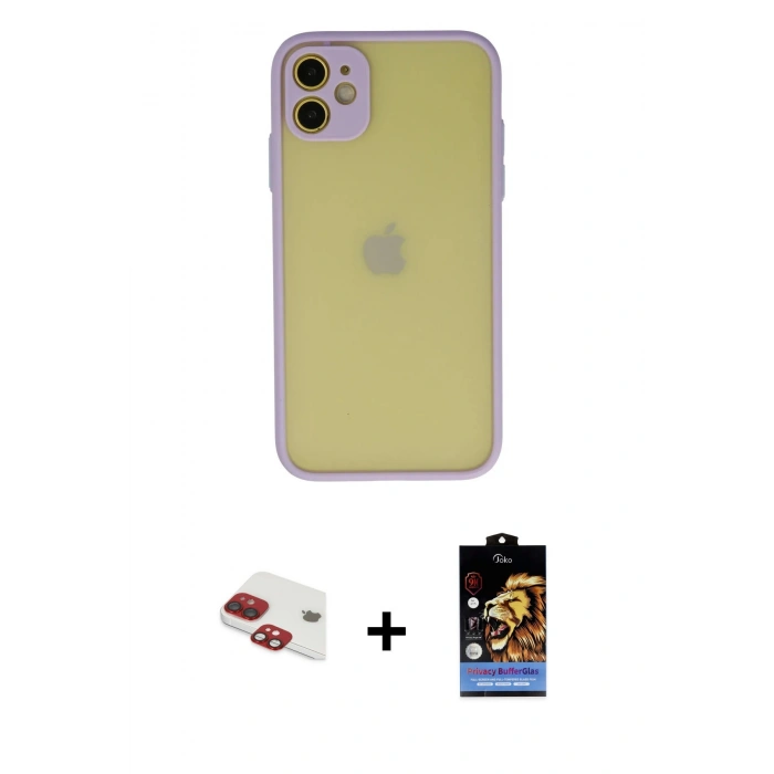 MARSİLYAN™- iPhone 11 Kılıf Ahenk Çizgi Serisi - Siyah Buffer Hayalet Cam Ekran Koruyucu + Pers Alüminyum Kamera Lens - KI