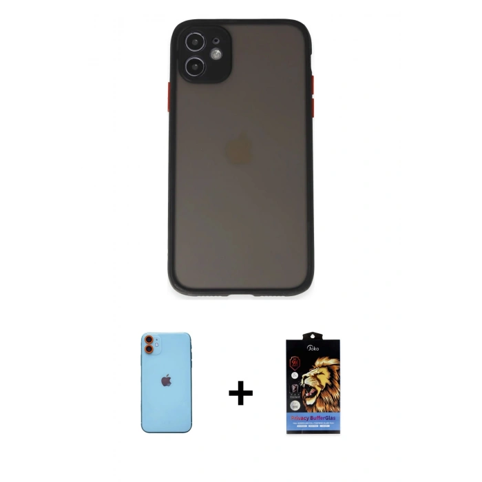 MARSİLYAN™- iPhone 11 Kılıf Ahenk Çizgi Serisi - Siyah Buffer Hayalet Cam Ekran Koruyucu + Neon Fosforlu Kamera Lens - TU