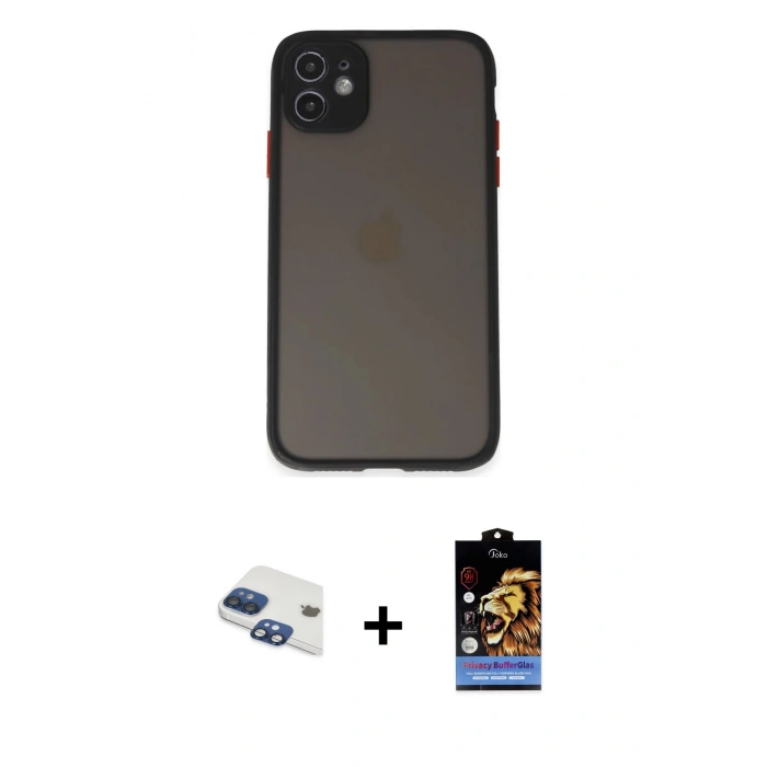 MARSİLYAN™- iPhone 11 Kılıf Ahenk Çizgi Serisi - Siyah Buffer Hayalet Cam Ekran Koruyucu + Pers Alüminyum Kamera Lens - LT