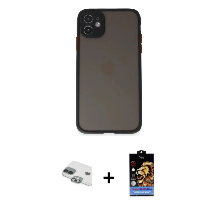 MARSİLYAN™- iPhone 11 Kılıf Ahenk Çizgi Serisi - Siyah Buffer Hayalet Cam Ekran Koruyucu + Pers Alüminyum Kamera Lens - YL