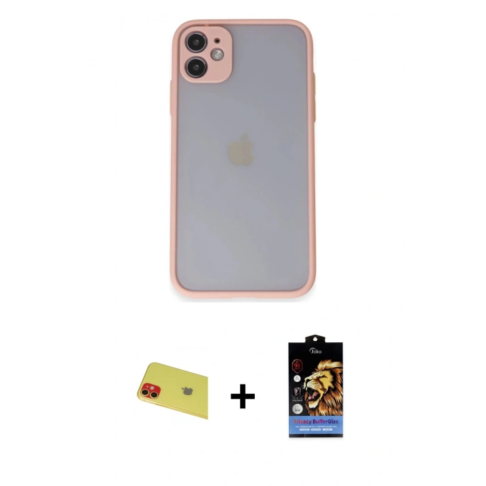 MARSİLYAN™- iPhone 11 Kılıf Ahenk Çizgi Serisi - Siyah Buffer Hayalet Cam Ekran Koruyucu + Rainbow Kamera Lens Koruma Cam - KI