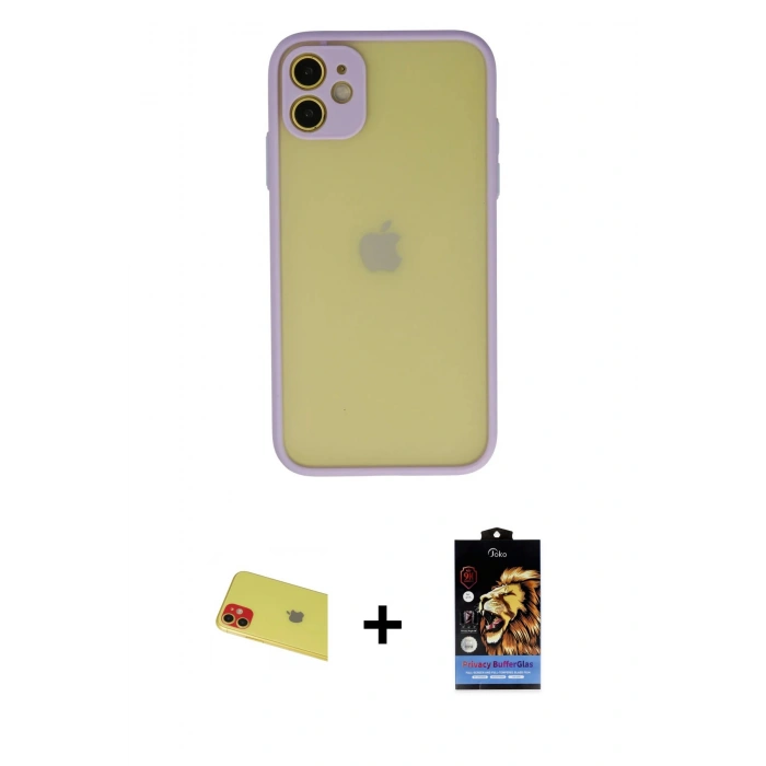 MARSİLYAN™- iPhone 11 Kılıf Ahenk Çizgi Serisi - Siyah Buffer Hayalet Cam Ekran Koruyucu + Rainbow Kamera Lens Koruma Cam - KI