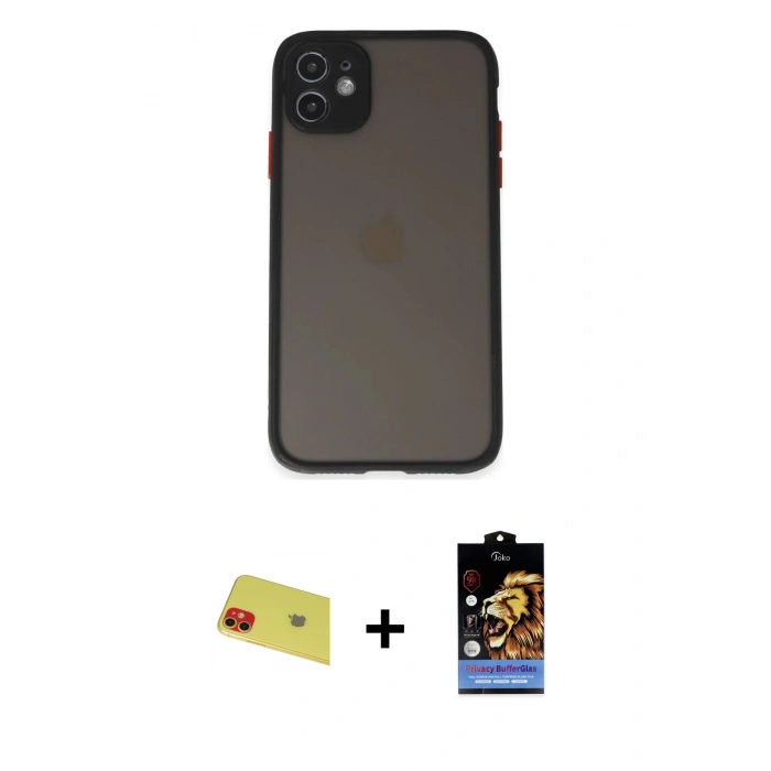 MARSİLYAN™- iPhone 11 Kılıf Ahenk Çizgi Serisi - Siyah Buffer Hayalet Cam Ekran Koruyucu + Rainbow Kamera Lens Koruma Cam - KI
