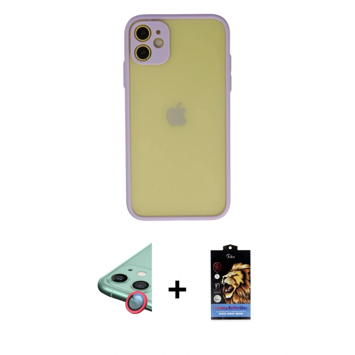 MARSİLYAN™- iPhone 11 Kılıf Ahenk Çizgi Serisi - Siyah Buffer Hayalet Cam Ekran Koruyucu + Raze Metal Kamera Lens - KI