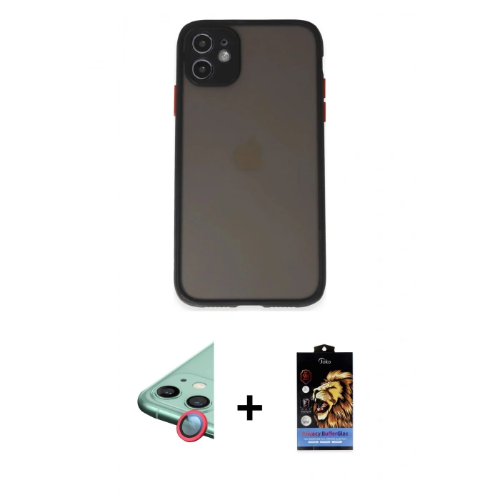 MARSİLYAN™- iPhone 11 Kılıf Ahenk Çizgi Serisi - Siyah Buffer Hayalet Cam Ekran Koruyucu + Raze Metal Kamera Lens - KI