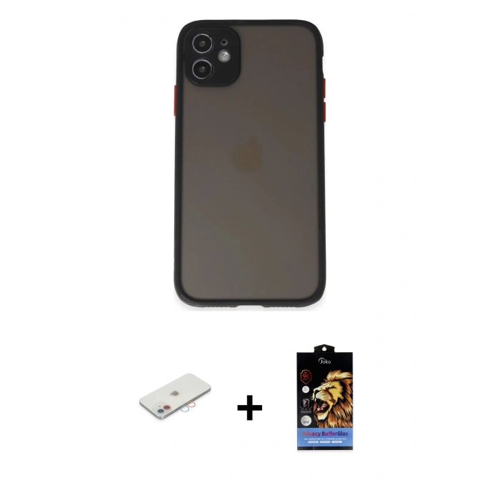 MARSİLYAN™- iPhone 11 Kılıf Ahenk Çizgi Serisi - Siyah Buffer Hayalet Cam Ekran Koruyucu + Renkli Kamera Lens Koruma Cam - PE
