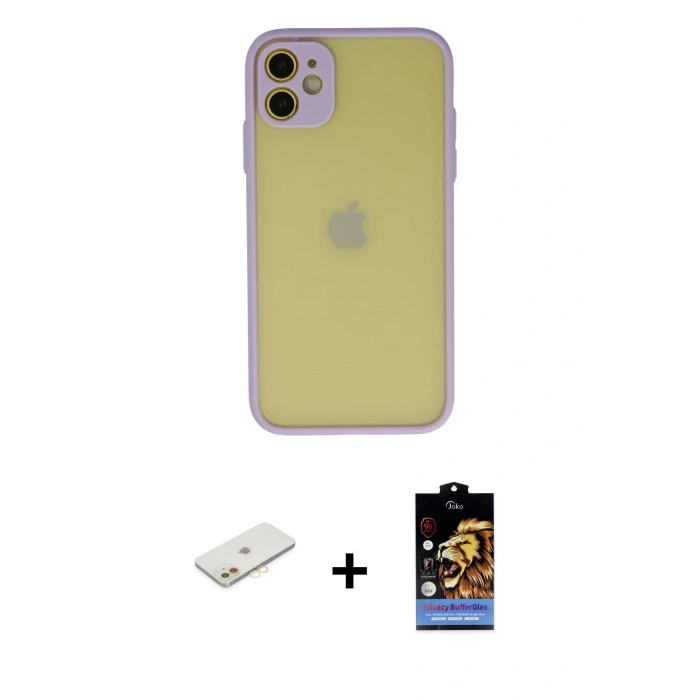 MARSİLYAN™- iPhone 11 Kılıf Ahenk Çizgi Serisi - Siyah Buffer Hayalet Cam Ekran Koruyucu + Renkli Kamera Lens Koruma Cam - TU