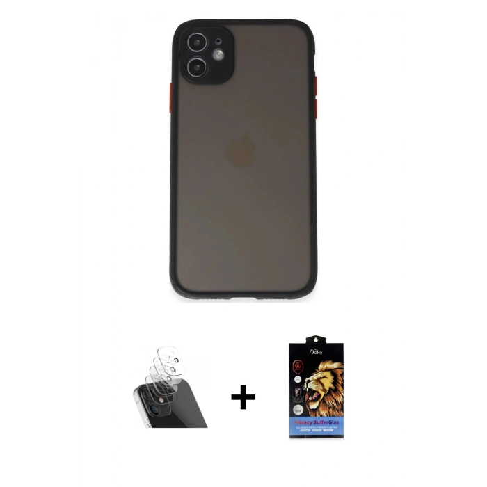 MARSİLYAN™- iPhone 11 Kılıf Ahenk Çizgi Serisi - Siyah Buffer Hayalet Cam Ekran Koruyucu + Kamera Lens Koruma Cam - SF