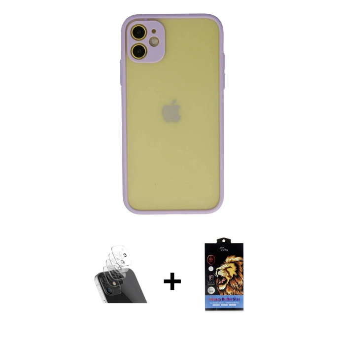 MARSİLYAN™- iPhone 11 Kılıf Ahenk Çizgi Serisi - Siyah Buffer Hayalet Cam Ekran Koruyucu + Kamera Lens Koruma Cam - SF
