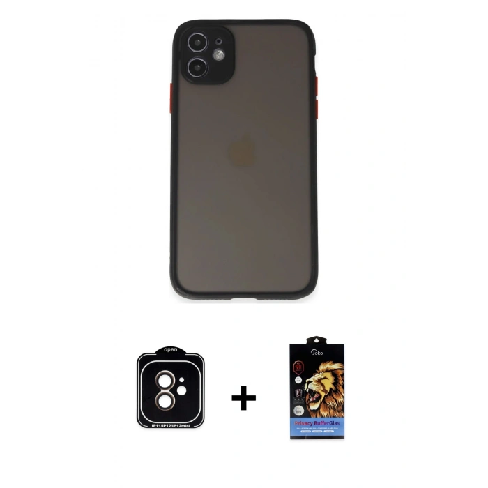 MARSİLYAN™- iPhone 11 Kılıf Ahenk Çizgi Serisi - Siyah Buffer Hayalet Cam Ekran Koruyucu + PVD Metal Kamera Lens - TU