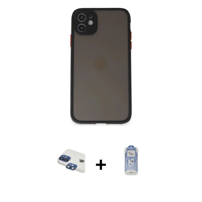 MARSİLYAN™- iPhone 11 Kılıf Ahenk Çizgi Serisi - Siyah Joko Magic 5D Cam + Pers Alüminyum Kamera Lens - LT