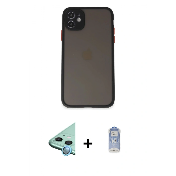 MARSİLYAN™- iPhone 11 Kılıf Ahenk Çizgi Serisi - Siyah Joko Magic 5D Cam + Raze Metal Kamera Lens - MI