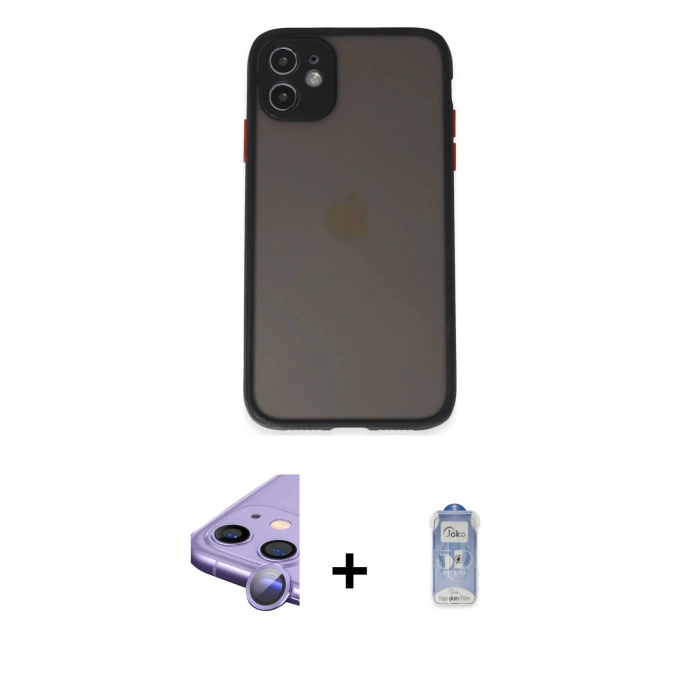 MARSİLYAN™- iPhone 11 Kılıf Ahenk Çizgi Serisi - Siyah Joko Magic 5D Cam + Raze Metal Kamera Lens - MR