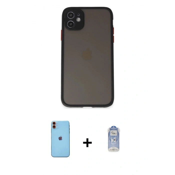 MARSİLYAN™- iPhone 11 Kılıf Ahenk Çizgi Serisi - Siyah Joko Magic 5D Cam + Neon Fosforlu Kamera Lens - TU