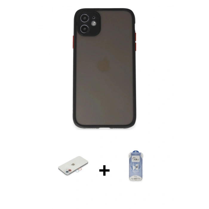 MARSİLYAN™- iPhone 11 Kılıf Ahenk Çizgi Serisi - Siyah Joko Magic 5D Cam + Pembe Renkli Kamera Lens Koruma Cam