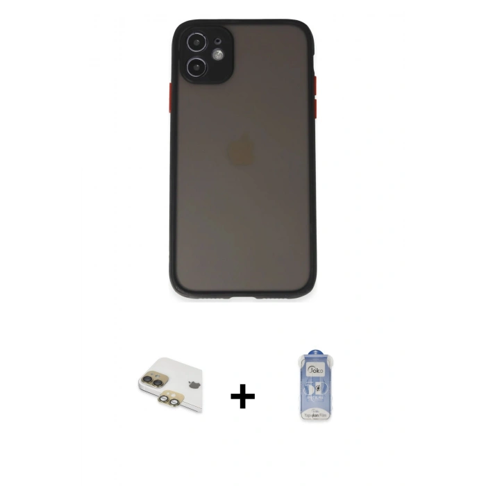 MARSİLYAN™- iPhone 11 Kılıf Ahenk Çizgi Serisi - Siyah Joko Magic 5D Cam + Pers Alüminyum Kamera Lens - GD