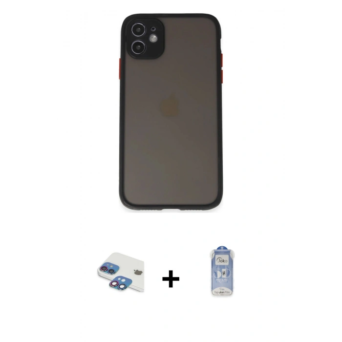 MARSİLYAN™- iPhone 11 Kılıf Ahenk Çizgi Serisi - Siyah Joko Magic 5D Cam + Pers Alüminyum Kamera Lens - GI