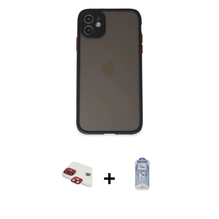 MARSİLYAN™- iPhone 11 Kılıf Ahenk Çizgi Serisi - Siyah Joko Magic 5D Cam + Pers Alüminyum Kamera Lens - KI