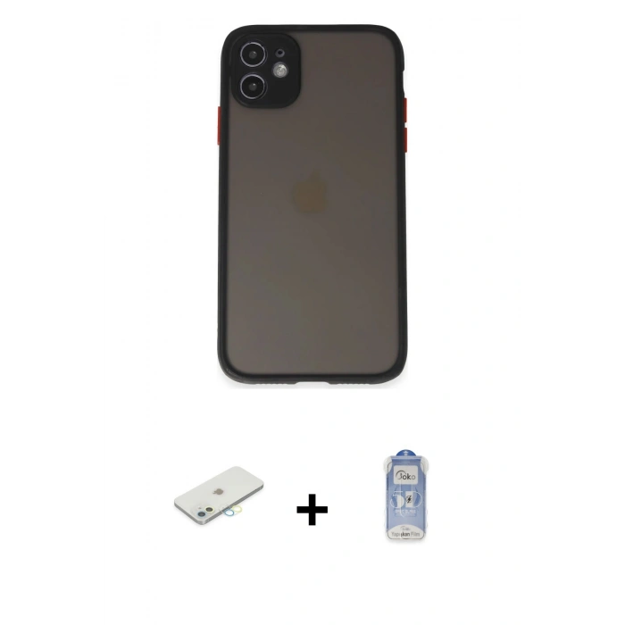 MARSİLYAN™- iPhone 11 Kılıf Ahenk Çizgi Serisi - Siyah Joko Magic 5D Cam + Sarı Renkli Kamera Lens Koruma Cam