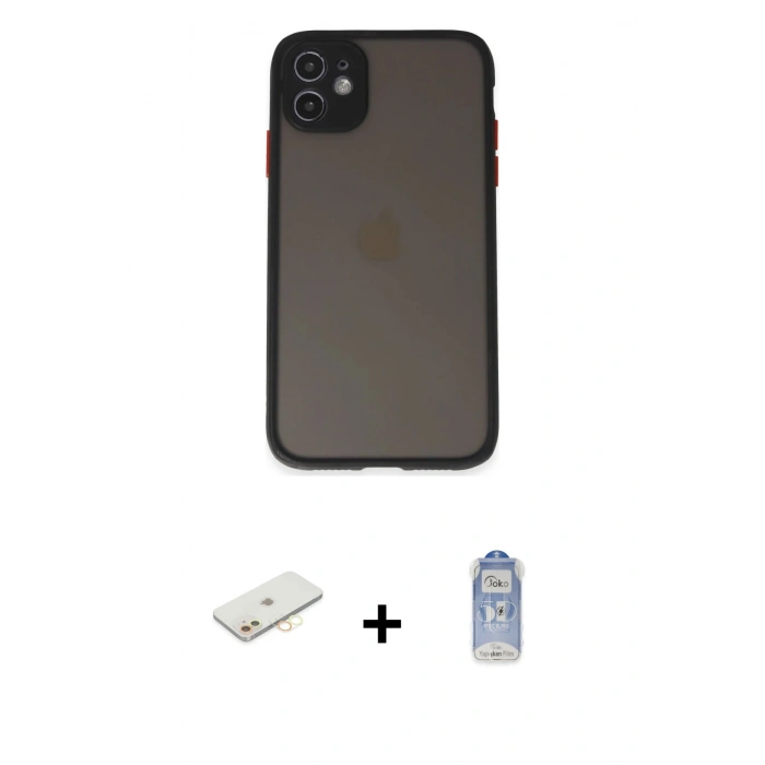 MARSİLYAN™- iPhone 11 Kılıf Ahenk Çizgi Serisi - Siyah Joko Magic 5D Cam + Renkli Kamera Lens Koruma Cam - SI