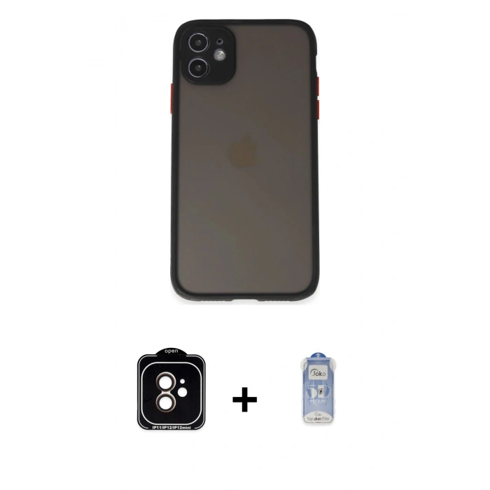 MARSİLYAN™- iPhone 11 Kılıf Ahenk Çizgi Serisi - Siyah Joko Magic 5D Cam + PVD Metal Kamera Lens - TU