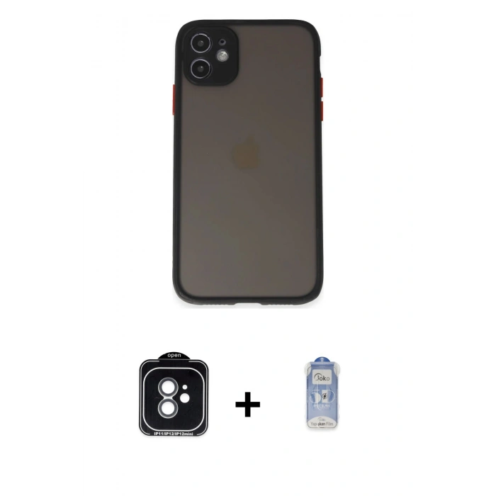 MARSİLYAN™- iPhone 11 Kılıf Ahenk Çizgi Serisi - Siyah Joko Magic 5D Cam + PVD Metal Kamera Lens - YL