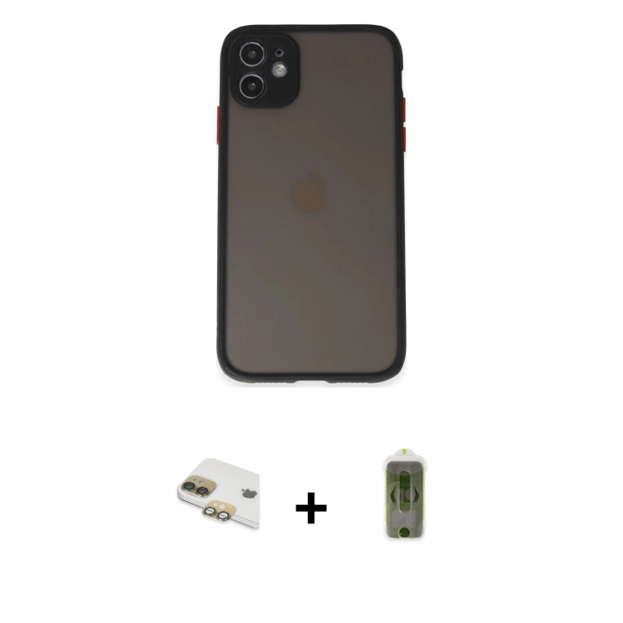 MARSİLYAN™- iPhone 11 Kılıf Ahenk Çizgi Serisi - Siyah Joko Magic 5D Hayalet Cam + Pers Alüminyum Kamera Lens - GD
