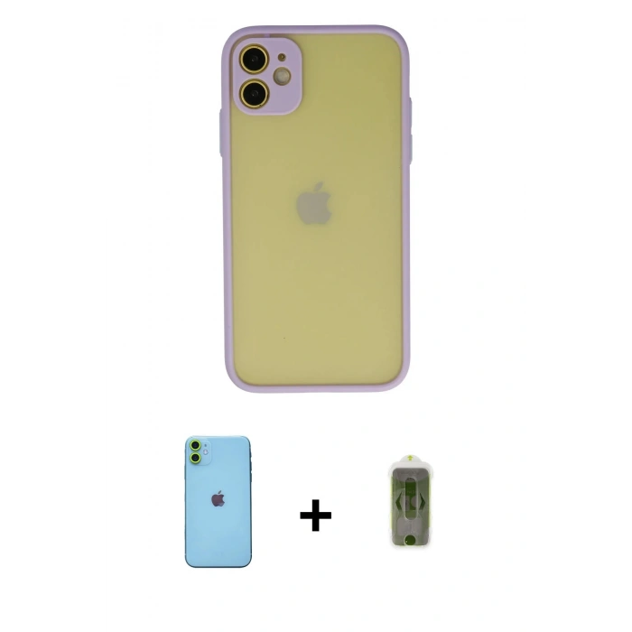 MARSİLYAN™- iPhone 11 Kılıf Ahenk Çizgi Serisi - Siyah Joko Magic 5D Hayalet Cam + Neon Fosforlu Kamera Lens - YL