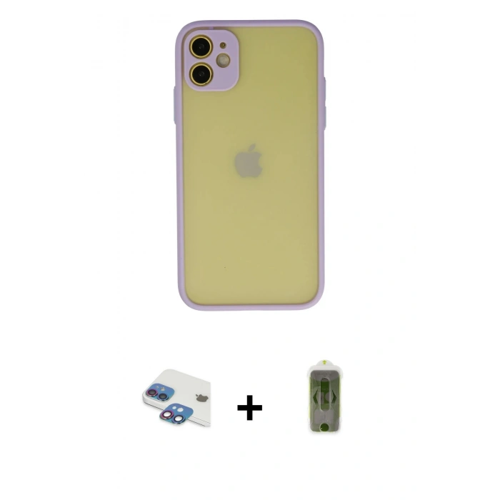 MARSİLYAN™- iPhone 11 Kılıf Ahenk Çizgi Serisi - Siyah Joko Magic 5D Hayalet Cam + Pers Alüminyum Kamera Lens - GI