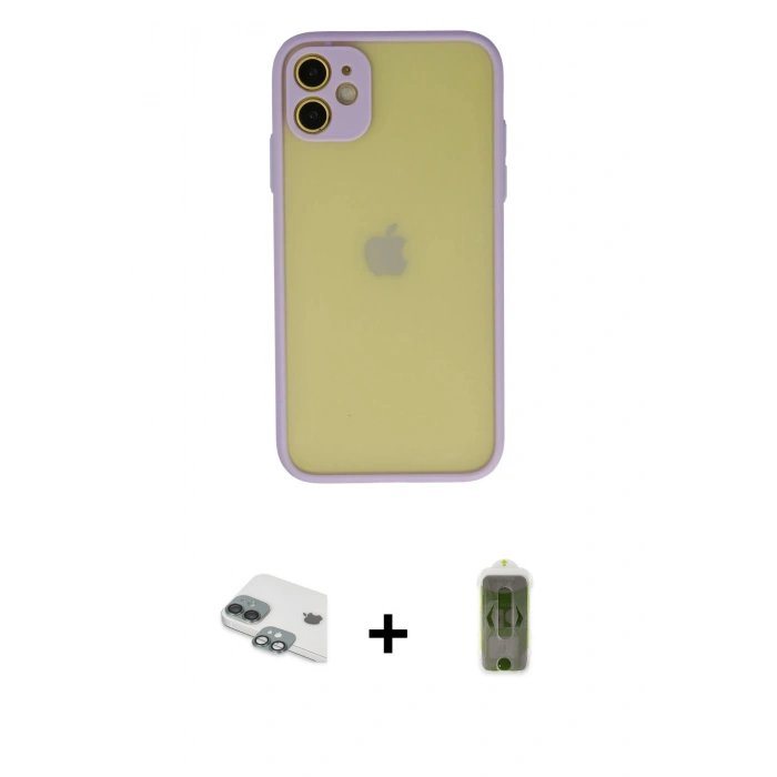 MARSİLYAN™- iPhone 11 Kılıf Ahenk Çizgi Serisi - Siyah Joko Magic 5D Hayalet Cam + Pers Alüminyum Kamera Lens - YL