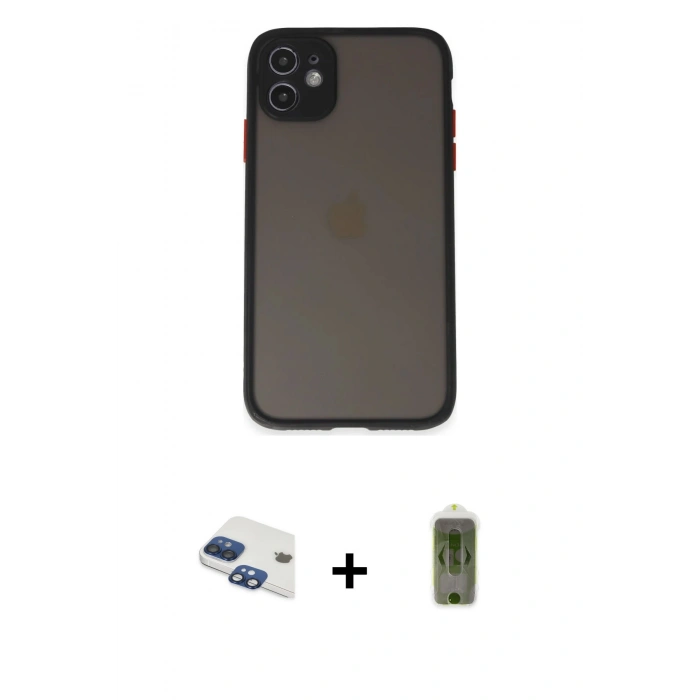 MARSİLYAN™- iPhone 11 Kılıf Ahenk Çizgi Serisi - Siyah Joko Magic 5D Hayalet Cam + Pers Alüminyum Kamera Lens - LT