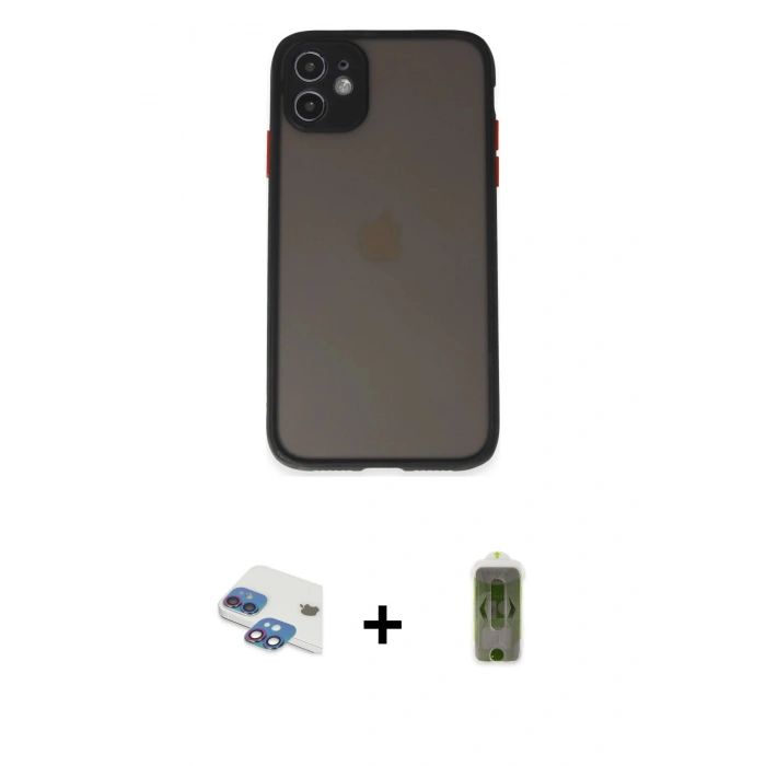 MARSİLYAN™- iPhone 11 Kılıf Ahenk Çizgi Serisi - Siyah Joko Magic 5D Hayalet Cam + Pers Alüminyum Kamera Lens - GI